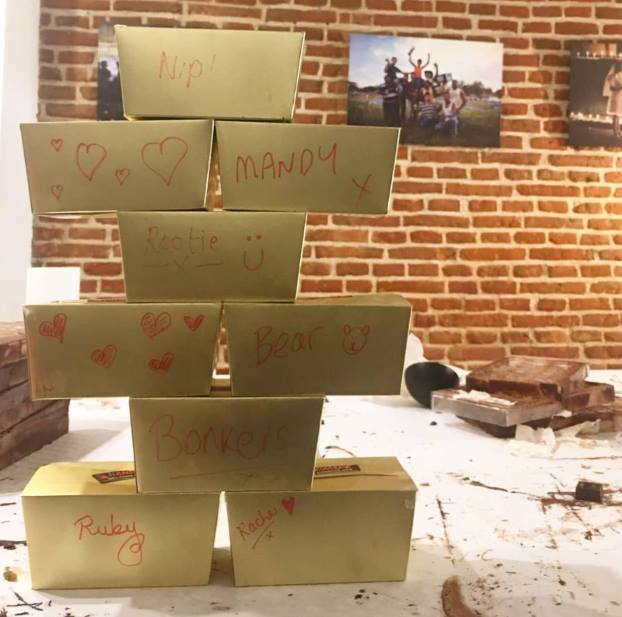 group of boxes at teambuilding chocolate workshop in Bruges